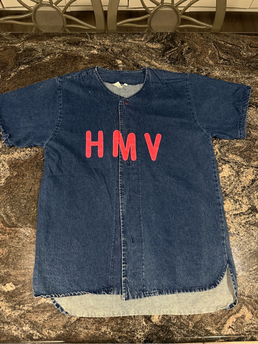 Vintage Denim Button-Front Top with Pink HMV Logo